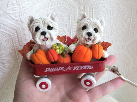 Westies & Pumpkins Little Red Wagon Hand sculpted Clay Collectible