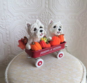 Westies & Pumpkins Little Red Wagon Hand sculpted Clay Collectible