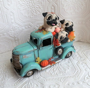 Pug Autumn Pick up truck Home Decor Hand sculpted Clay Collectible