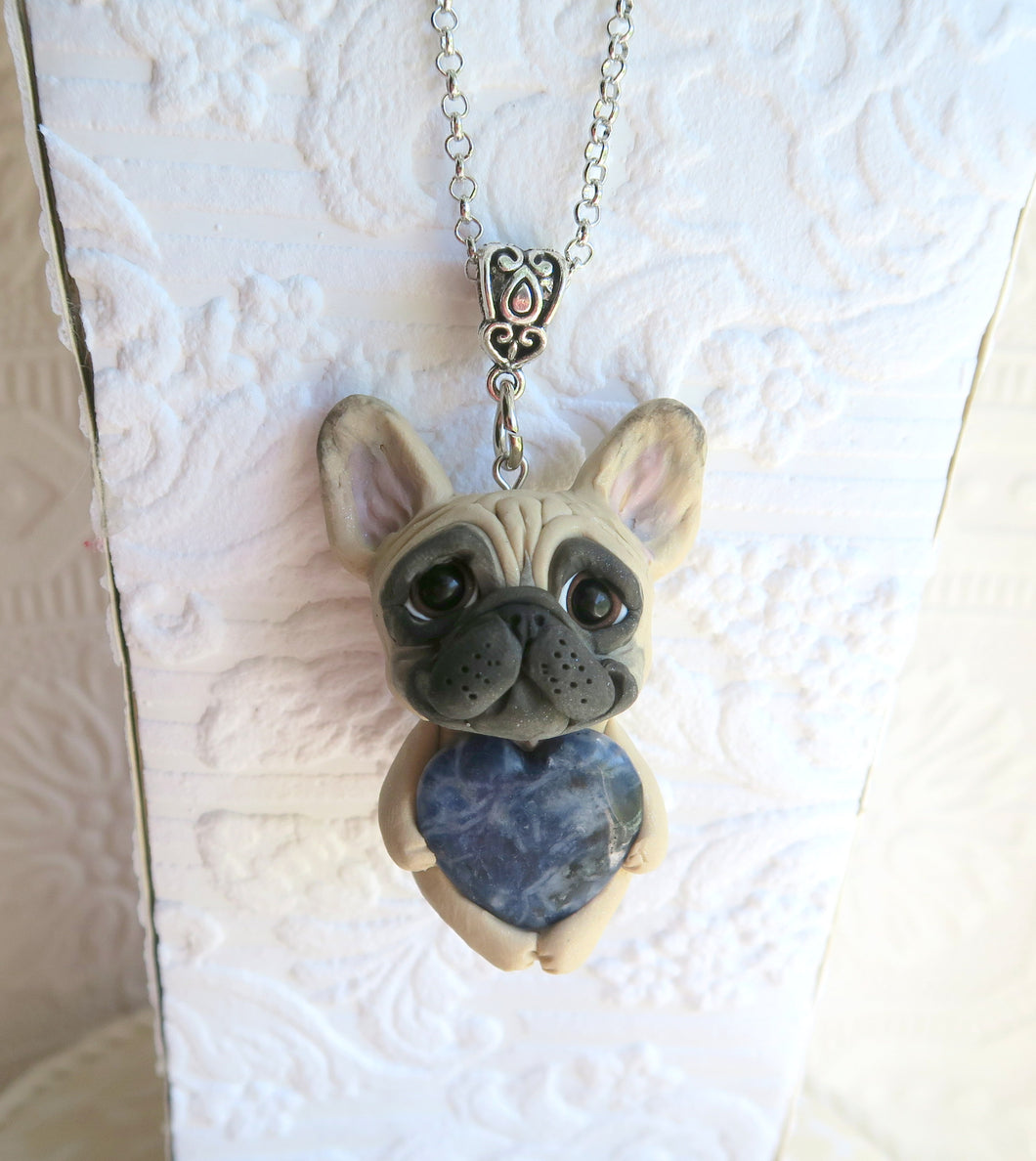 French Bulldog Love & Energy Blue Sodalite Heart stone pendant necklace