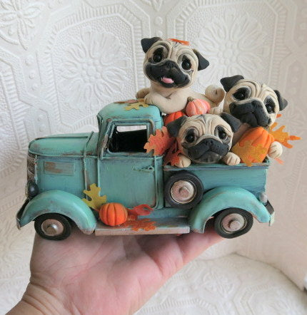 Pug Autumn Pick up truck Home Decor Hand sculpted Clay Collectible