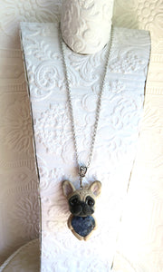 French Bulldog Love & Energy Blue Sodalite Heart stone pendant necklace