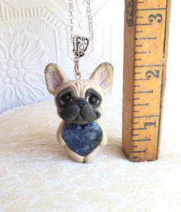 French Bulldog Love & Energy Blue Sodalite Heart stone pendant necklace