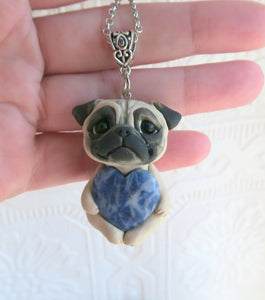 Fawn Pug Love & Energy  Blue Sodalite Heart pendant necklace