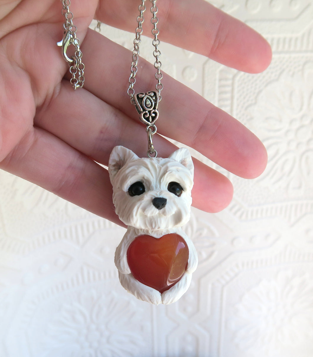 West Highland White Terrier Love & Healing Red Agate heart stone pendant necklace