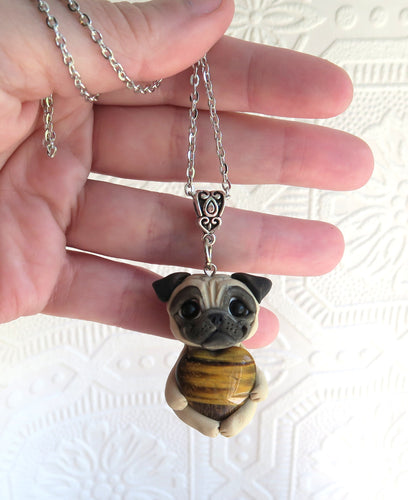 Fawn Pug Love & Energy Tiger's Eye Heart pendant necklace