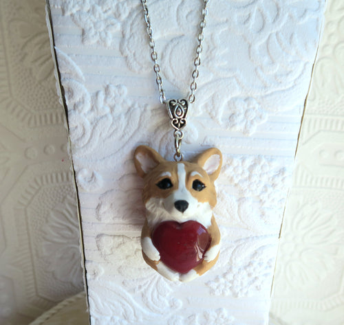 Corgi Love & EnergyRed Agate heart stone pendant necklace