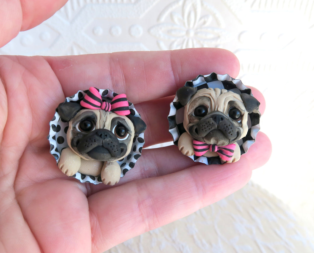 Pair of Pug Hand sculpted Clay Collectible Magnets