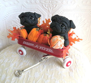 Pugs & Pumpkins Little Red Wagon Hand sculpted Clay Collectible