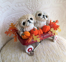 Load image into Gallery viewer, Pekingese &amp; Pumpkins Little Red Wagon Hand sculpted Clay Collectible