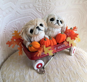 Pekingese & Pumpkins Little Red Wagon Hand sculpted Clay Collectible