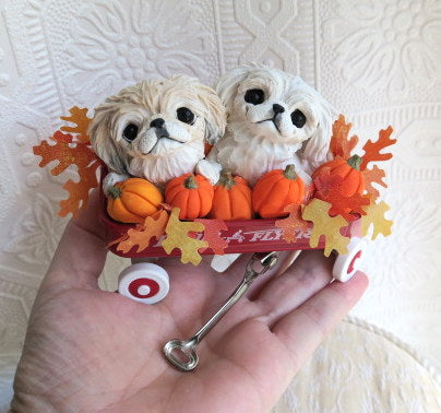 Pekingese & Pumpkins Little Red Wagon Hand sculpted Clay Collectible