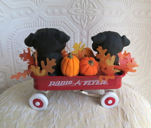 Pugs & Pumpkins Little Red Wagon Hand sculpted Clay Collectible