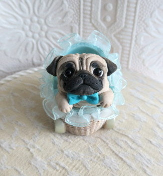 Little Boy Baby Pug puppy in Blue Buggy Hand sculpted Clay Collectible