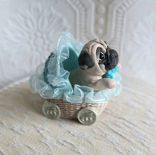 Load image into Gallery viewer, Little Boy Baby Pug puppy in Blue Buggy Hand sculpted Clay Collectible
