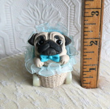 Load image into Gallery viewer, Little Boy Baby Pug puppy in Blue Buggy Hand sculpted Clay Collectible