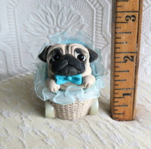 Little Boy Baby Pug puppy in Blue Buggy Hand sculpted Clay Collectible