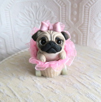 Little Girl Baby Pug puppy in Pink Buggy Hand sculpted Clay Collectible