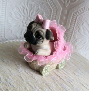 Little Girl Baby Pug puppy in Pink Buggy Hand sculpted Clay Collectible