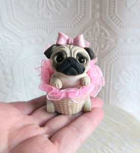 Little Girl Baby Pug puppy in Pink Buggy Hand sculpted Clay Collectible