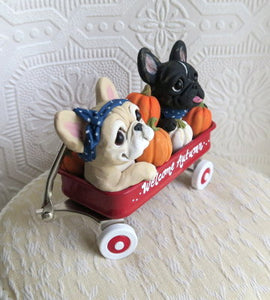 Welcome Autumn Wagon of French Bulldogs Hand sculpted Clay Collectible