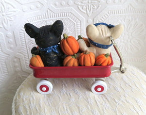 Welcome Autumn Wagon of French Bulldogs Hand sculpted Clay Collectible