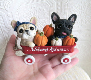 Welcome Autumn Wagon of French Bulldogs Hand sculpted Clay Collectible