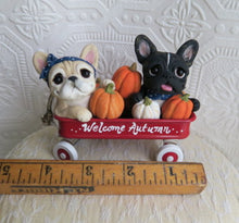 Load image into Gallery viewer, Welcome Autumn Wagon of French Bulldogs Hand sculpted Clay Collectible