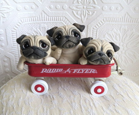 Little Red Wagon of Pugs Hand sculpted Clay Collectible