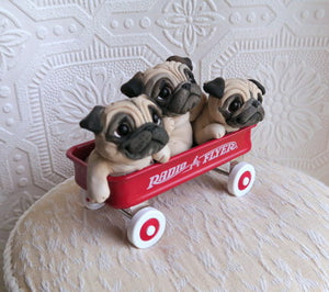 Little Red Wagon of Pugs Hand sculpted Clay Collectible