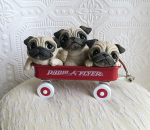 Little Red Wagon of Pugs Hand sculpted Clay Collectible
