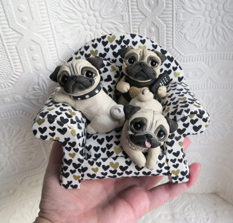 Pugs Movie Night in Favorite Chair Hand sculpted Clay Collectible
