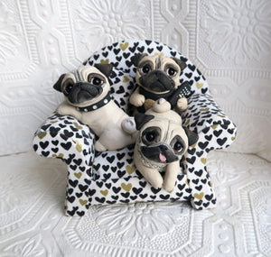 Pugs Movie Night in Favorite Chair Hand sculpted Clay Collectible