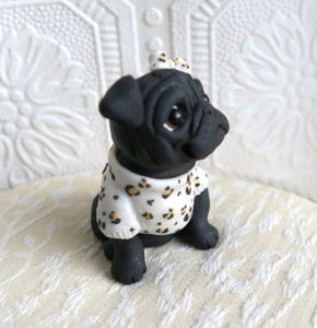 Sassy 'lil Black Pug with bow Hand sculpted Clay Collectible