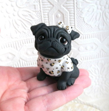 Sassy 'lil Black Pug with bow Hand sculpted Clay Collectible
