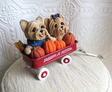 Load image into Gallery viewer, Yorkshire Terrier &amp; Pumpkins Little Red Wagon Hand sculpted Clay Collectible