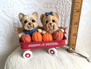 Yorkshire Terrier & Pumpkins Little Red Wagon Hand sculpted Clay Collectible