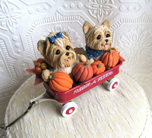 Yorkies & Pumpkins Little Red Wagon Hand sculpted Clay Collectible