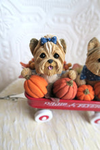 Load image into Gallery viewer, Yorkies &amp; Pumpkins Little Red Wagon Hand sculpted Clay Collectible