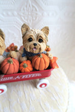 Load image into Gallery viewer, Yorkies &amp; Pumpkins Little Red Wagon Hand sculpted Clay Collectible