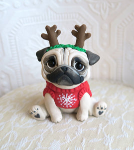 Christmas Sweater Reindeer Pug Hand Sculpted Collectible