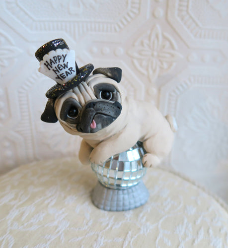 Happy New Year Pug Hand Sculpted Collectible