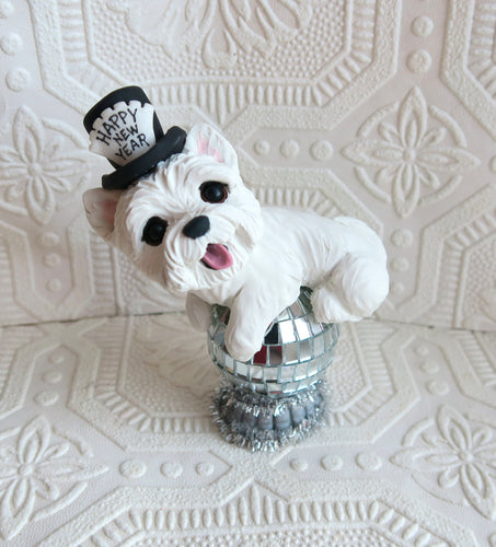 Happy New Year West Highland White Terrier Hand Sculpted Collectible