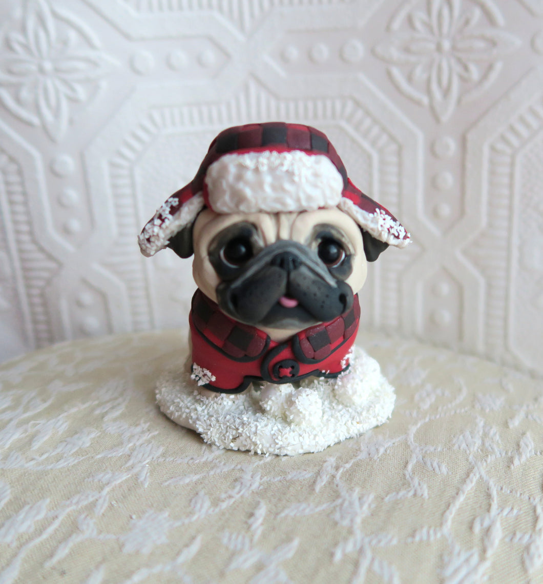 Winter Snow Pug Cutie Hand Sculpted Collectible