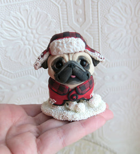 Winter Snow Pug Cutie Hand Sculpted Collectible
