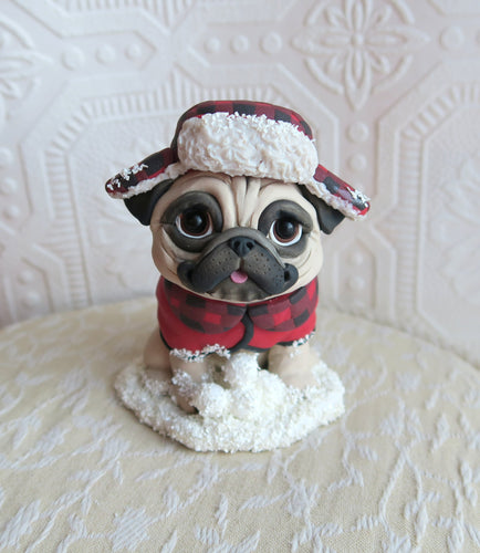 Winter Snow Pug Cutie Hand Sculpted Collectible