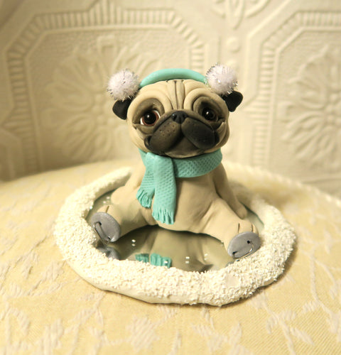 Ice Skating Winter Snow Pug Cutie Hand Sculpted Collectible