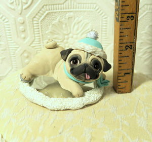 Ice Skating Winter Snow Pug Cutie Hand Sculpted Collectible