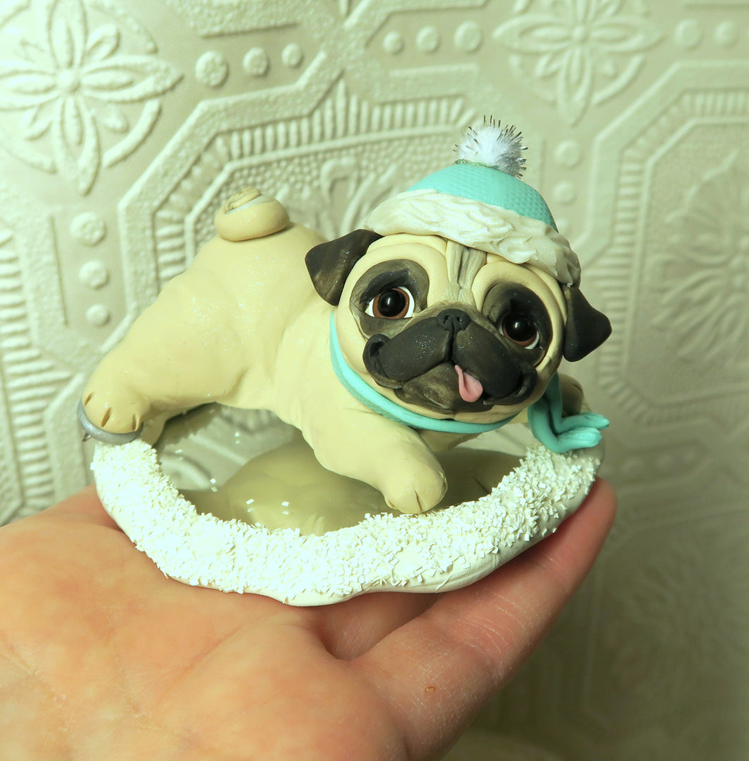 Ice Skating Winter Snow Pug Cutie Hand Sculpted Collectible