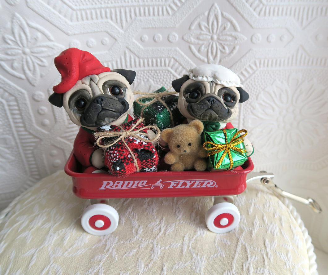 Christmas Morning Pugs in Little Red Wagon Hand sculpted Clay Collectible